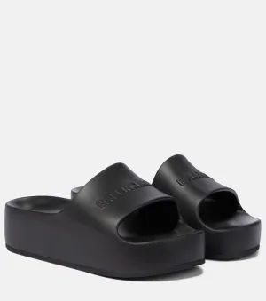 Balenciaga Logo Platform Rubber Slides, Black