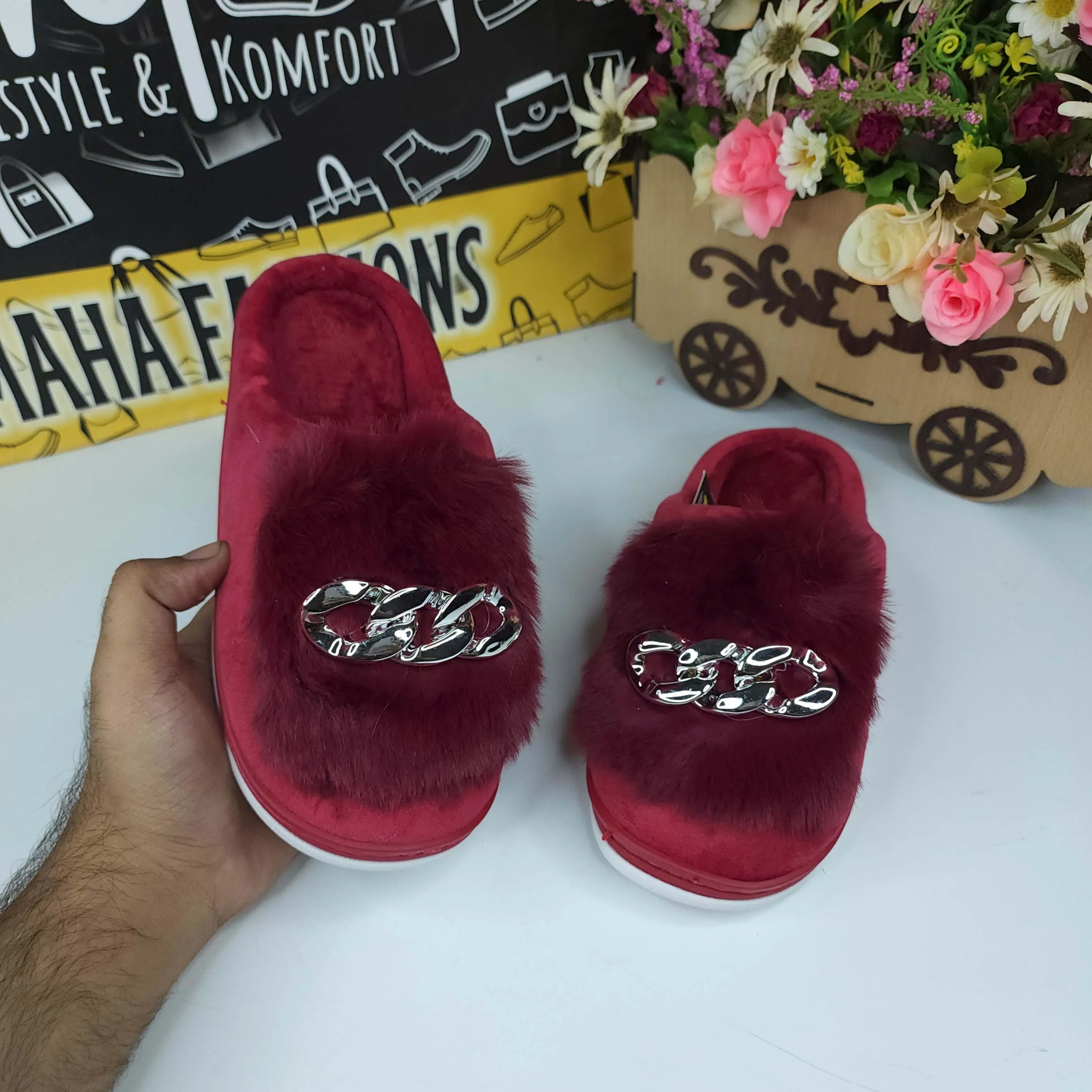 Maroon Fur Mules