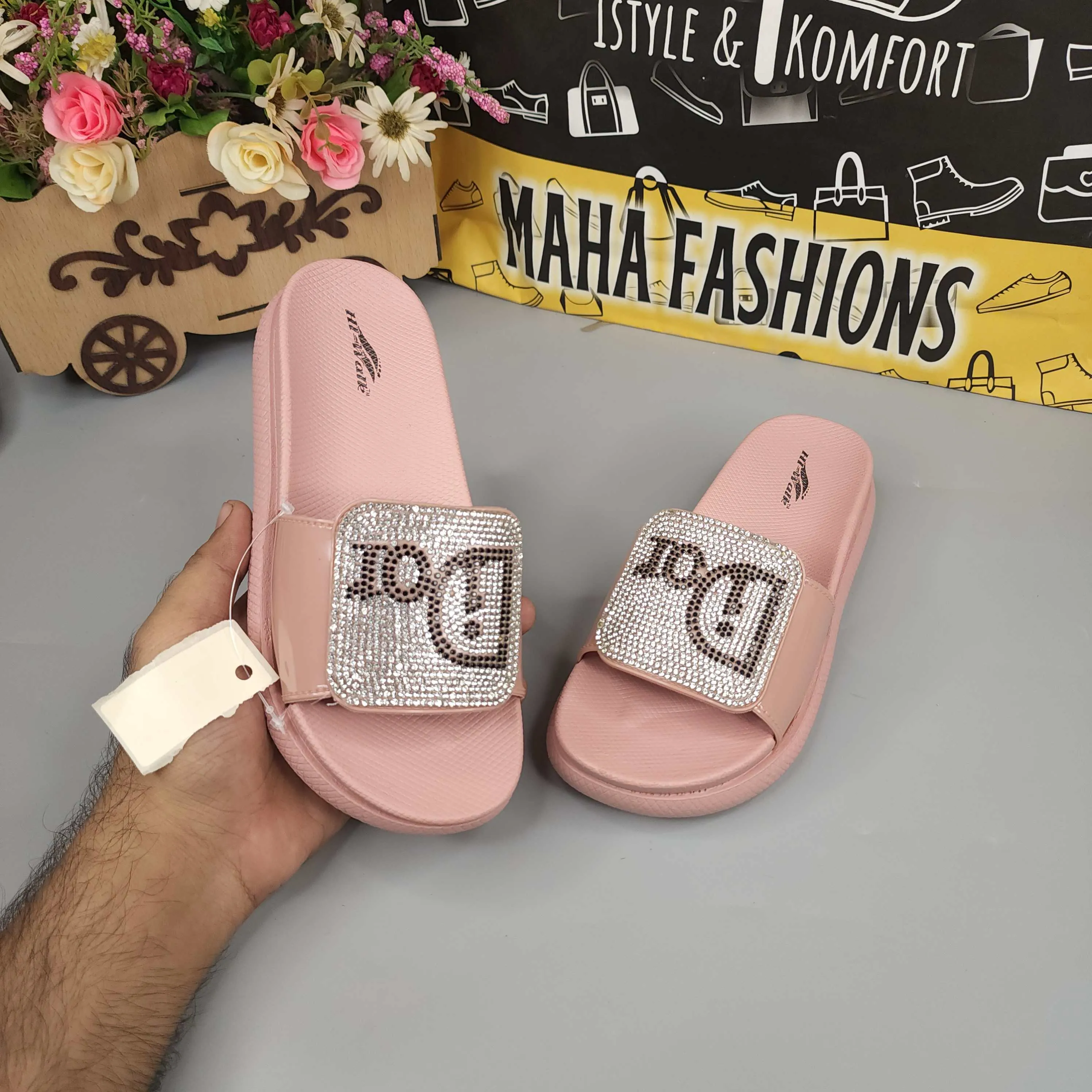 Pink Studs Wegde Slides