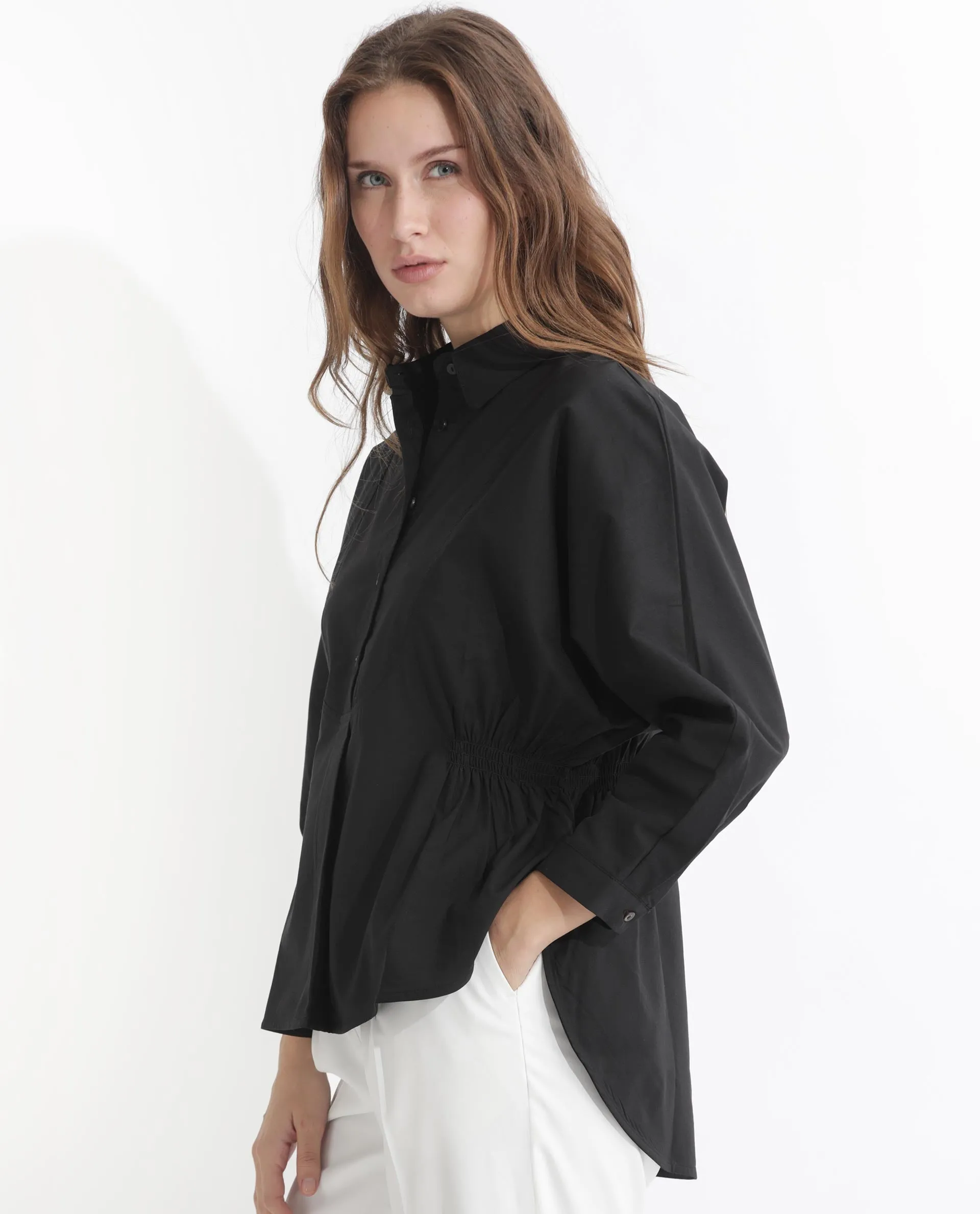 Rareism Women Kowski Black Cotton Blend Fabric Full Sleeves Button Closure Shirt Collar Kimono Sleeve Regular Fit Plain Blouse Top