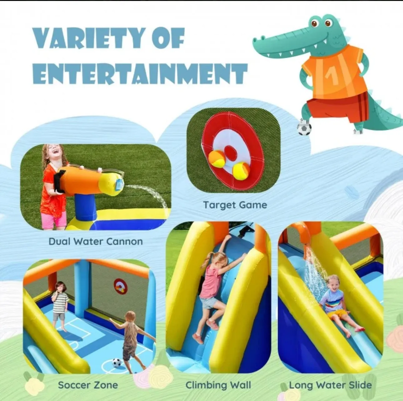 Super Fun Massive Inflatable Soccer Theme Bouncy Park Water Slide,Climbing,735W Blower,Soccer Ball,Carry Bag,Hose,Balls,Repair Kit,Water Cannon,